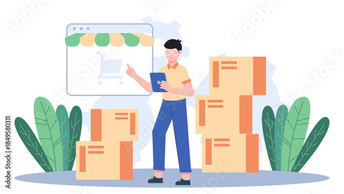 E-commerce Warehouse Fulfilling Online Orders. Business Flat Vector Illustration
