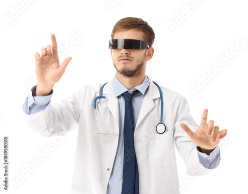Male doctor in AR glasses u...