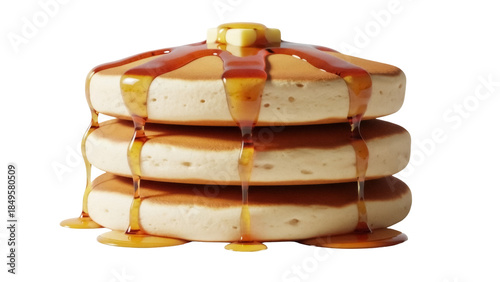 Stack of three pancakes with butter and syrup isolated PNG, breakfast food for restaurant menu and recipe design