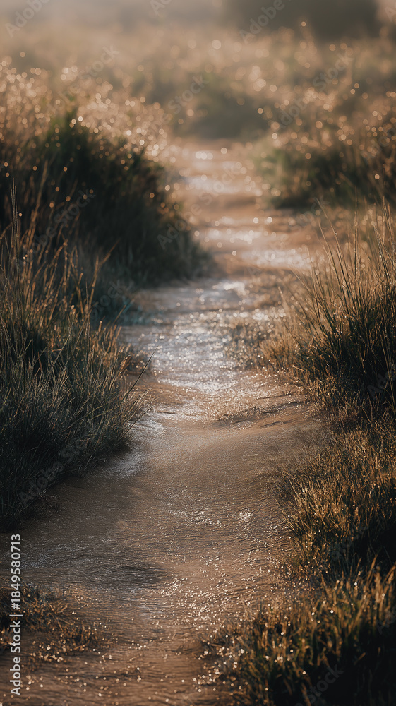Obraz premium Gentle morning light brightens a quiet path as dew glistens on the inviting grass Generative AI