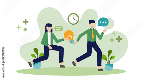 Team Passing a Baton in a Project Relay. Business Flat Vector Illustration
