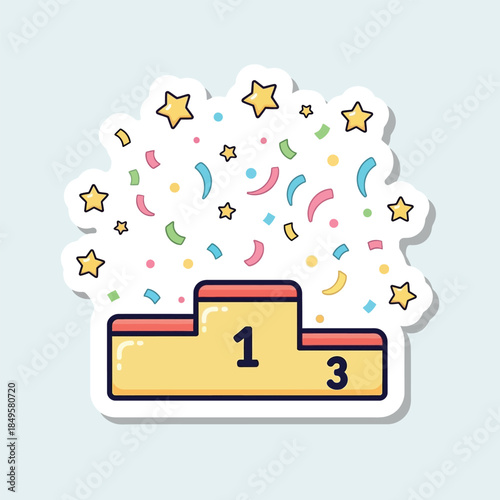 Celebratory winner's podium vector illustration with colorful confetti and shining stars, perfect for recognizing success, achievement, and top performance in competitions and events