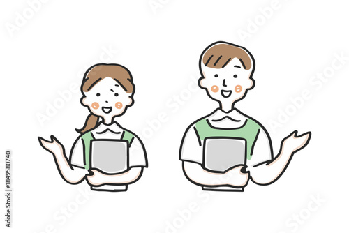 案内するエプロン姿の男女