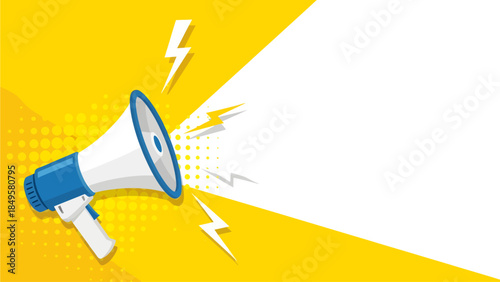 Set against a vibrant yellow halftone background, a blue and white megaphone blasts a wide cone of white copy space framed by jagged lightning bolts, creating a dynamic pop-art announcement design