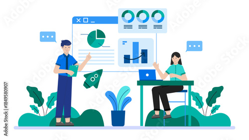 Team Tracking OKRs in a Planning Meeting. Business Flat Vector Illustration
