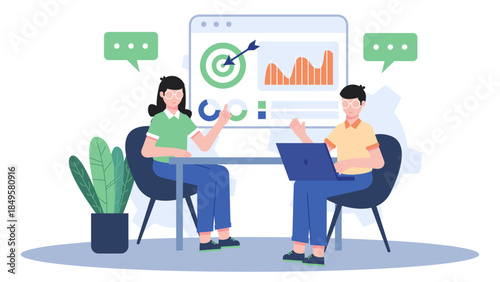 Team Tracking OKRs in a Planning Meeting. Business Flat Vector Illustration
