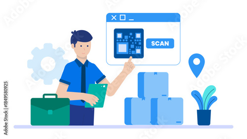 Retail Manager Using an Inventory Scanner. Business Flat Vector Illustration