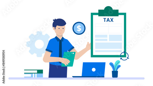 Accountant Filing Taxes Digitally. Business Flat Vector Illustration