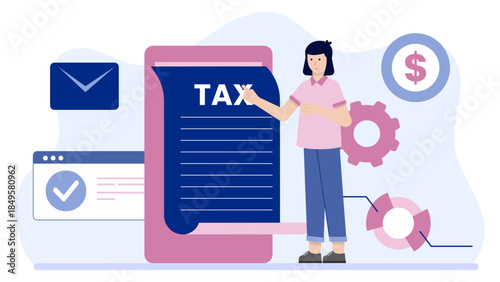 Accountant Filing Taxes Digitally. Business Flat Vector Illustration