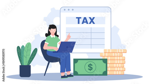 Accountant Filing Taxes Digitally. Business Flat Vector Illustration