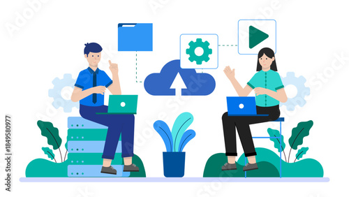 IT Team Managing Cloud Server Infrastructure. Business Flat Vector Illustration