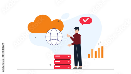 IT Team Managing Cloud Server Infrastructure. Business Flat Vector Illustration