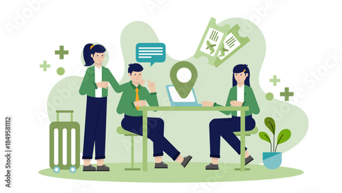 Travel Agent Planning a Family Vacation. Business Flat Vector Illustration