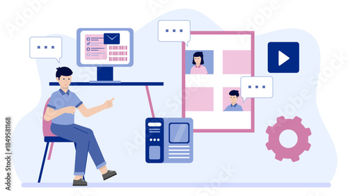 Team Participating in a Virtual Workshop. Business Flat Vector Illustration
