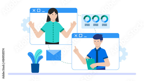 Team Participating in a Virtual Workshop. Business Flat Vector Illustration