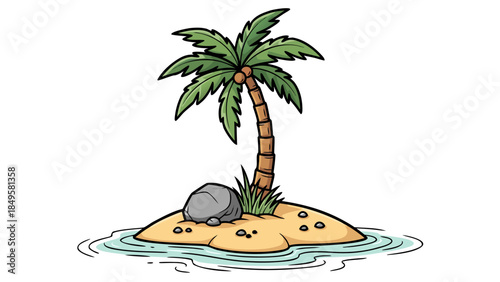 Vibrant Cartoon Illustration of a Small Tropical Desert Island Featuring a Lush Palm Tree, Sandy Beach, and Calm Blue Sea, Perfect for Vacation and Escape Themes