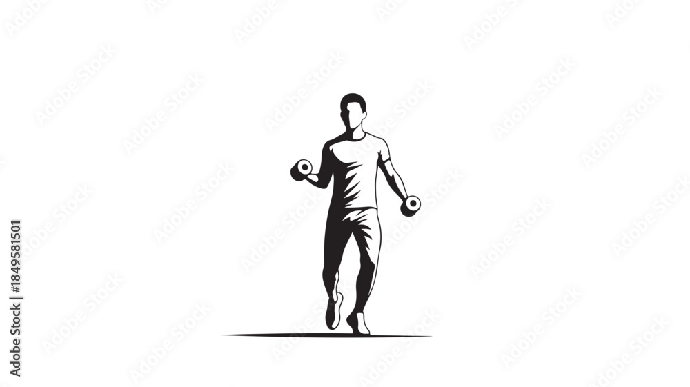 Obraz premium Man Running with Dumbbells in Monochrome Minimalist Style with High Contrast Lighting on White Background for Fitness Advertising