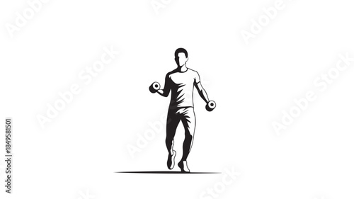 Man Running with Dumbbells in Monochrome Minimalist Style with High Contrast Lighting on White Background for Fitness Advertising