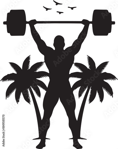 Bodybuilder lifting barbell overhead, silhouette between palm trees, strength and fitness