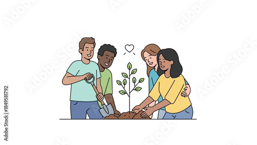 Four diverse young people planting a small tree together, symbolizing environmental care and teamwork and community spirit.