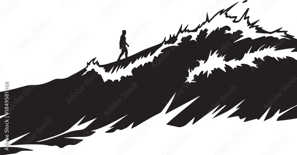 Obraz premium A solitary person navigating towering waves, symbolizing resilience and overcoming challenges