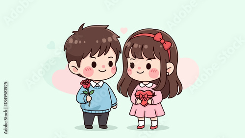 Cute cartoon boy giving a flower to a girl holding a gift on a pastel background