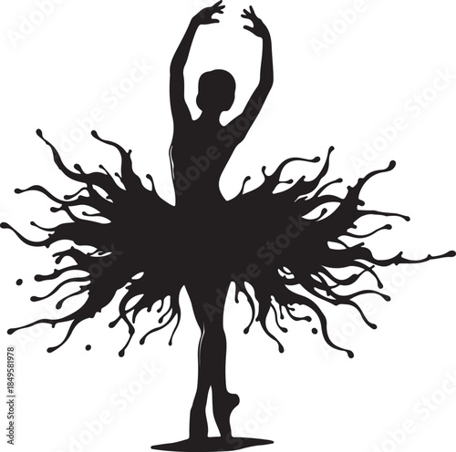 A silhouette of a ballerina with a dynamic paint splash tutu, representing artistic expression