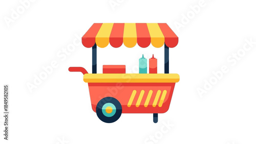 A cartoon illustration of a vibrant red and yellow food cart with a striped awning, featuring condiment bottles.