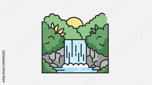 A colorful cartoon illustration of a serene waterfall cascading into a pool surrounded by lush green foliage and rocks under a bright sun.