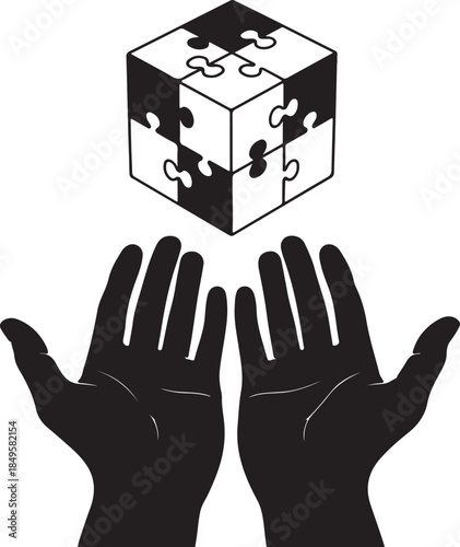Hands reaching for puzzle cube, conceptual image of problem solving and teamwork silhouette