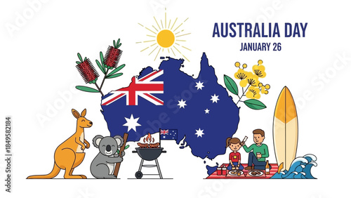 Australia Day Celebration with Cultural, Wildlife, and Beach Elements on January 26