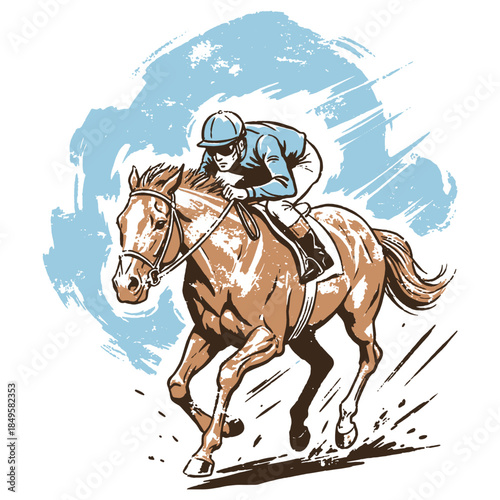 Dynamic Horse Racing Vector Illustration. Jockey Riding Thoroughbred at Full Gallop in Retro Brush Stroke Style on Blue Background