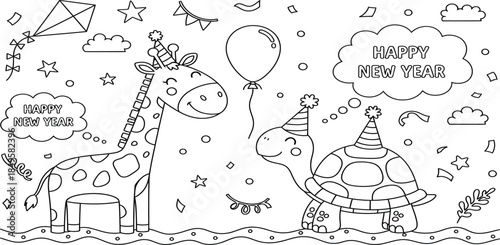 Whimsical giraffe and castle coloring page for kids