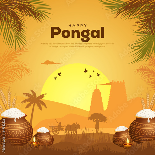 Vector illustration of Happy Pongal Holiday Harvest Festival of Tamil Nadu South India greeting vector background