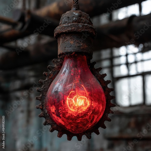 An artistic depiction of an illuminated vintage light bulb, showcasing rich textures and an industrial atmosphere.