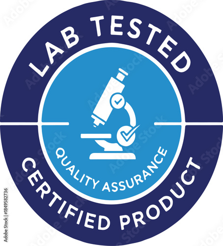 Circular Blue Lab Tested Certified Product Quality Assurance Vector Badge with Microscope