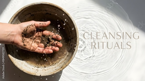 Hand holding mud in a bowl with water.
