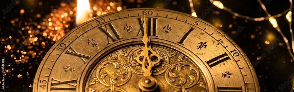 Obraz premium Vintage Clock at Midnight with Golden Celebration Lights