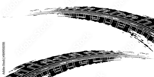 Tire track. Car, bike, motorcycle tyre mark with grunge effect isolated on white background. Wheel footprint on the road. Top view of rubber protector mark.