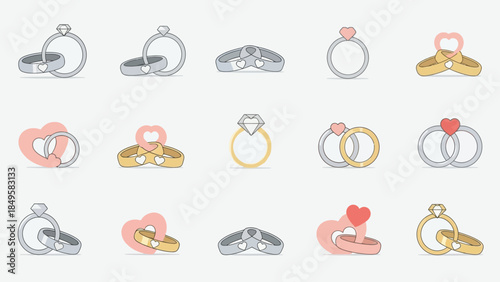 Collection of romantic and wedding engagement ring illustrations with jewelry iconography