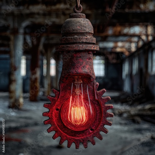 An old gear light bulb hanging in a rustic industrial setting, illuminating the decayed surroundings with a warm glow.