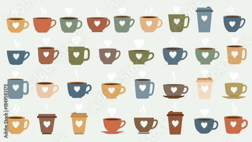 Collection of various coffee mugs and cups with steam and heart-shaped designs in different colors