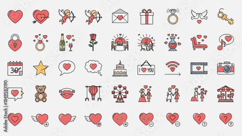 Collection of romantic and love-themed icons including hearts flowers gifts and symbols in a
