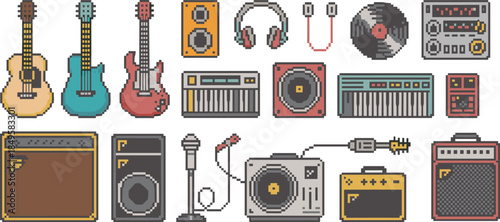 pixel, art, icons, music, instrument, guitar, amplifier, speaker, keyboard, synthesizer, microphone, headphones, vinyl, cassette, pedal, cable, vector