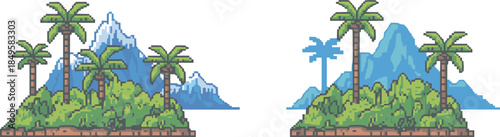 pixel, art, tropical, island, palm, tree, mountain, foliage, nature, beach, landscape, retro, vector, illustration, scenery, pixelated, outdoor, summer, exotic, environment