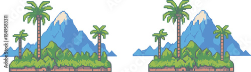 pixel, art, tropical, island, mountain, palm, tree, foliage, nature, beach, landscape, retro, vector, illustration, scenery, pixelated, summer, exotic, environment, comparison