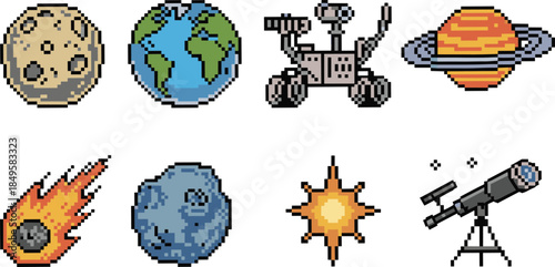 Pixel art space icon collection showing planets Earth rover telescope asteroid comet meteor explosion astronomy sci fi game design elements