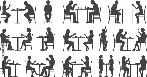 People dining silhouettes set, men and women eating drinking at cafe restaurant tables isolated on white background vector illustration collection