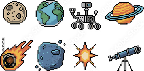 Pixel art space icons set featuring planets rover telescope asteroid comet meteor explosion astronomy science game assets retro vector illustration