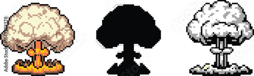 Pixel art mushroom cloud, nuclear explosion, fiery blast, grayscale silhouette, atomic bomb icon, retro pixel design, digital detonation artwork, explosion concept